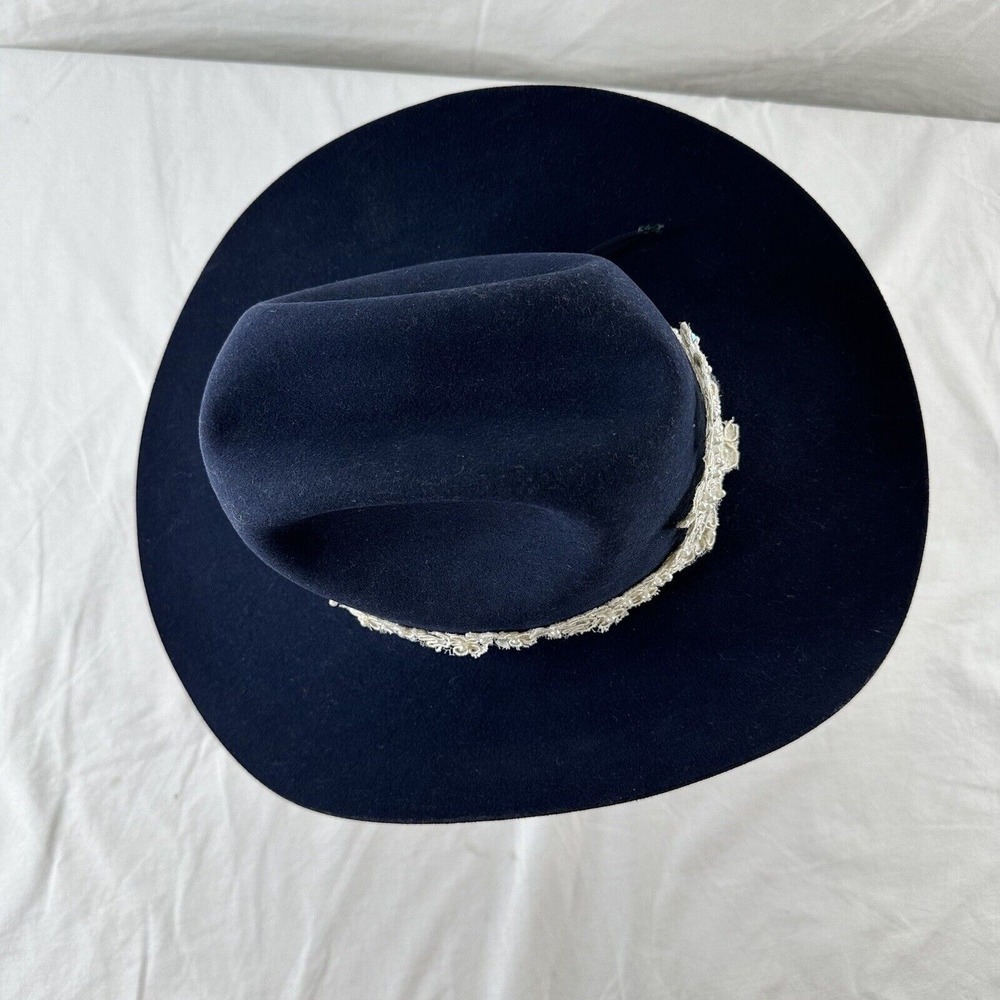 Vtg American Hat Company Co Cowboy Hat Sz 7 Maxi-felt Navy Blue Wedding Appliqué - Picture 7 of 11